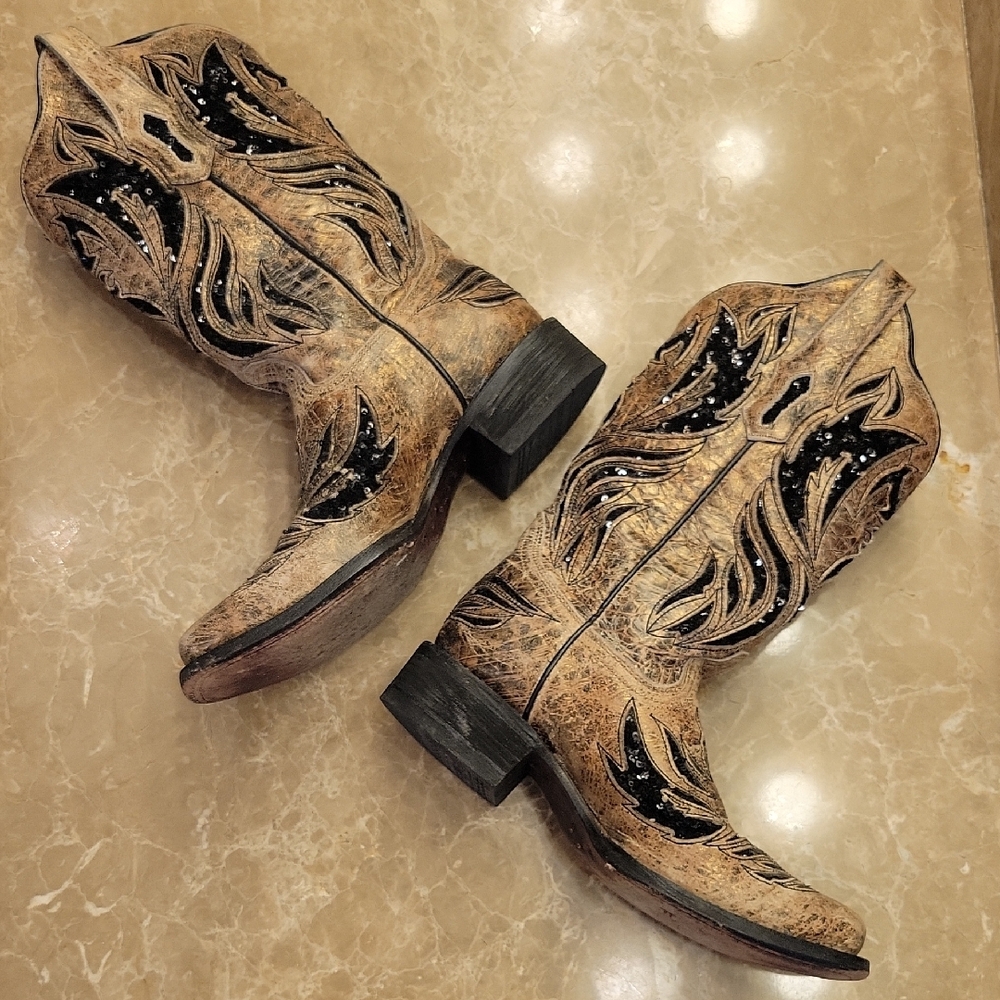 Corral Women's Western Cowboy Boots Black and Tan Leather, 7.5 - Picture 4 of 16